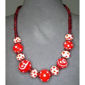 Polka Dot Glass Bead Necklace Red & White With Heart Toggle Clasp 18"